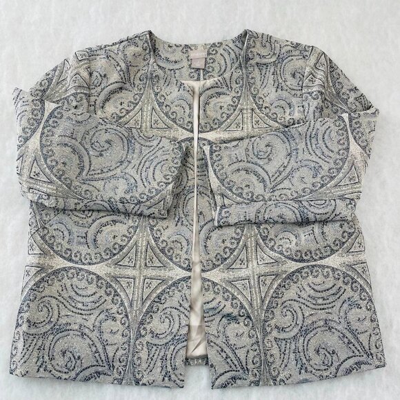 Chico's Womens Ivory Luxurious Metallic Jacquard Open Front Jacket Sz 2 US 12/14 - Picture 1 of 9